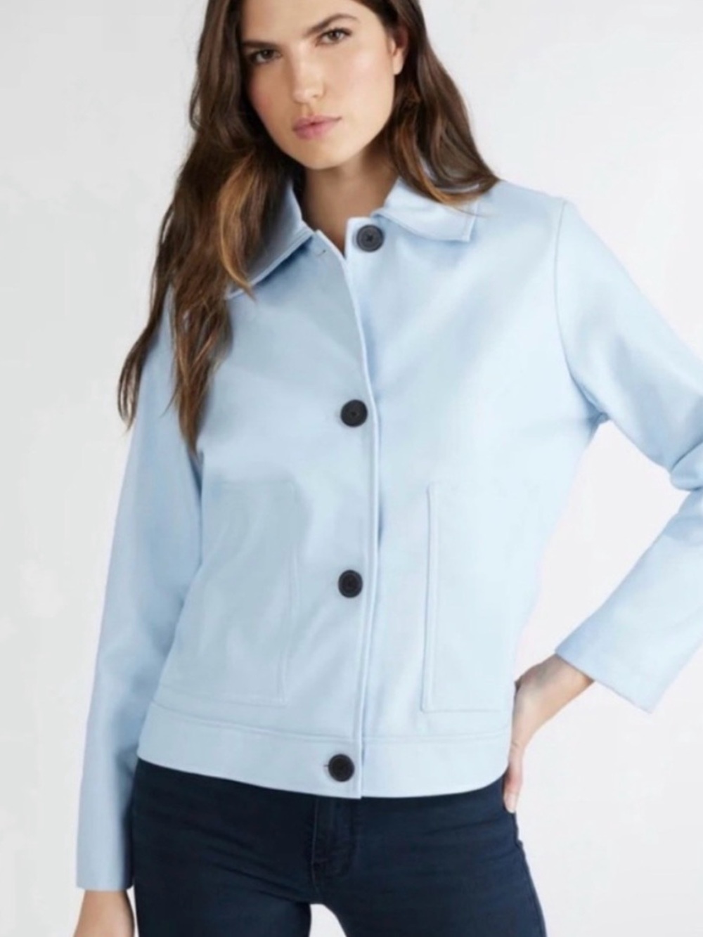 Anthropologie NVLT Faux Vegan Leather Baby Blue Button Up Shacket Coat Size Med